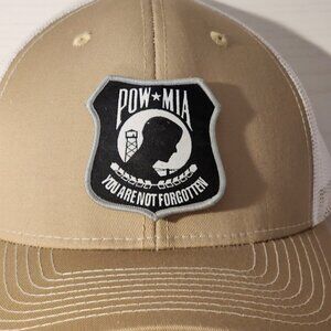 POW MIA Khaki/White Mesh Snapback Trucker Hat.